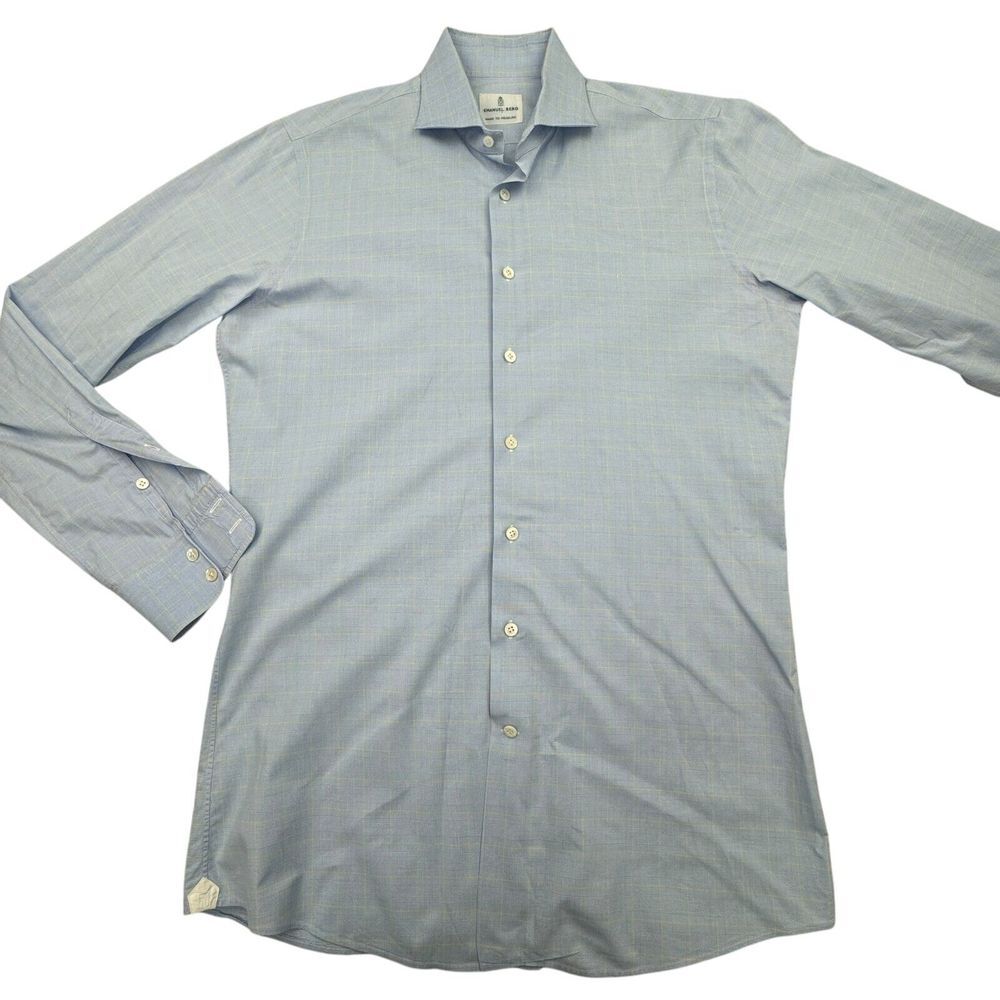 Emanuel Berg Dress Shirt Mens 16 - 36 Blue Check Cotton Long Sleeve Button Down